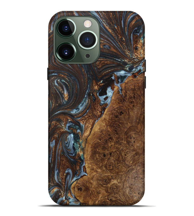 iPhone 13 Pro Max Wood+Resin Live Edge Phone Case - Kaleb (Teal & Gold, 650913)