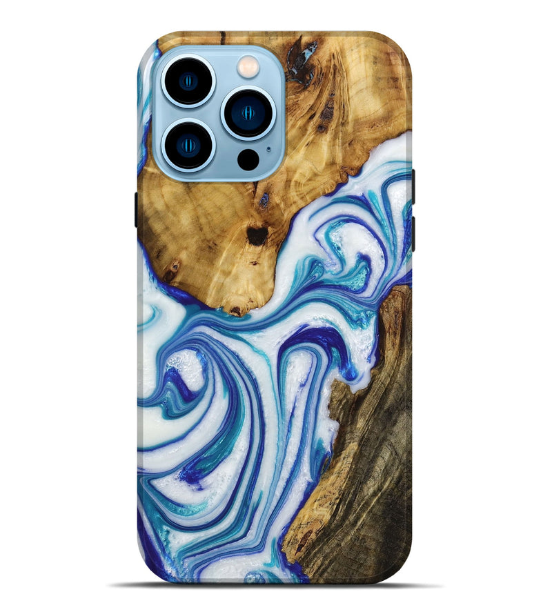 iPhone 14 Pro Max Wood+Resin Live Edge Phone Case - Flora (Blue, 651114)