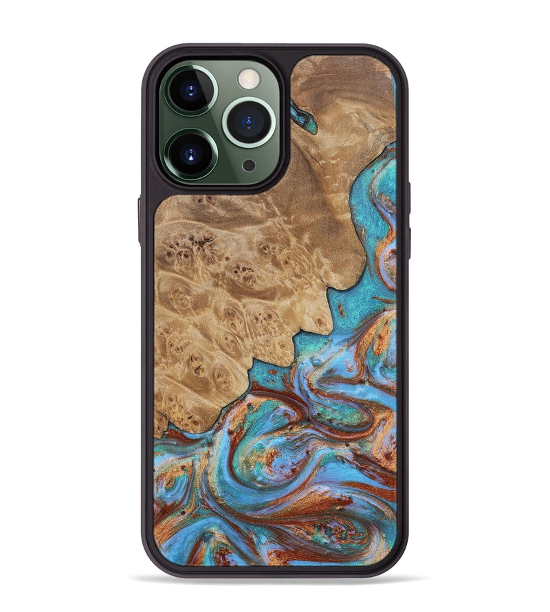 iPhone 13 Pro Max Wood+Resin Phone Case - Sean (Teal & Gold, 651192)