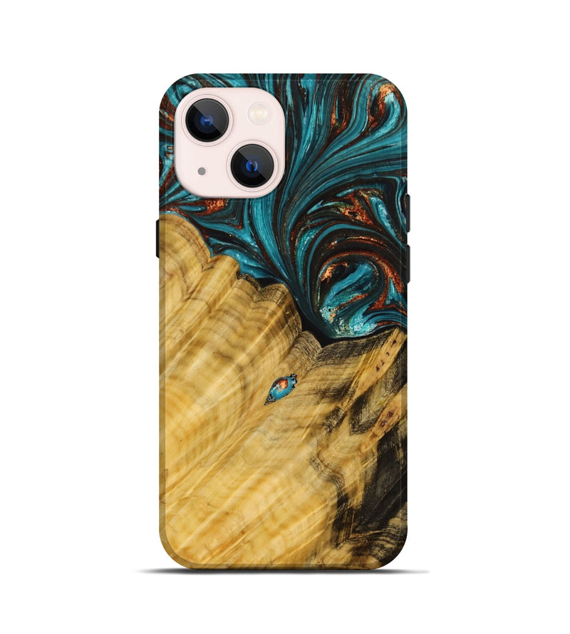 iPhone 13 mini Wood+Resin Live Edge Phone Case - Paislee (Teal & Gold, 651507)