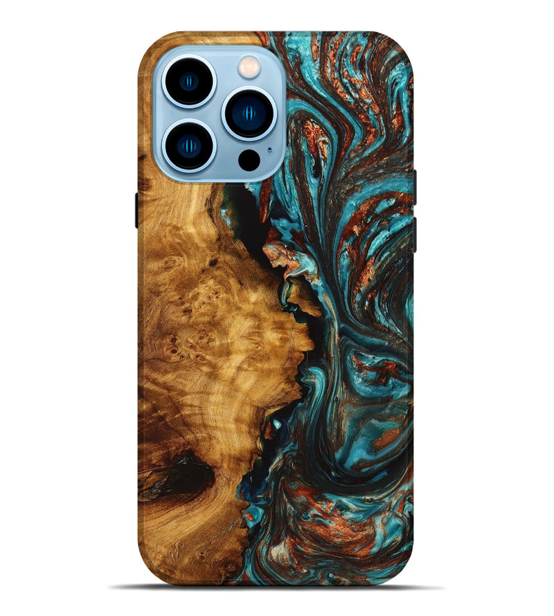 iPhone 14 Pro Max Wood+Resin Live Edge Phone Case - Adele (Teal & Gold, 651511)