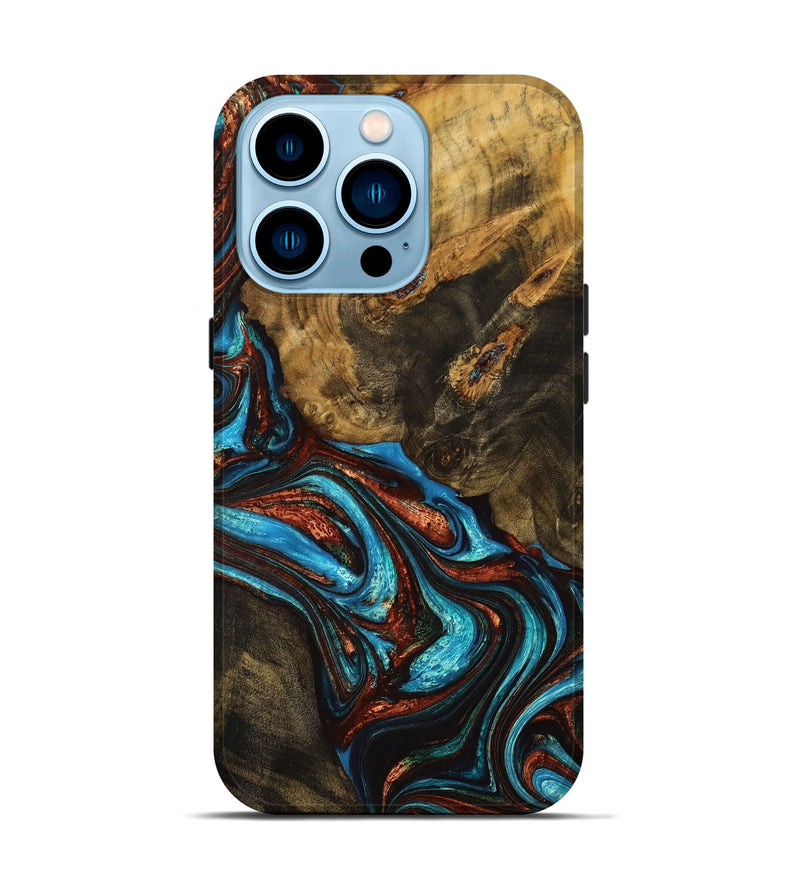 iPhone 14 Pro Wood+Resin Live Edge Phone Case - Deloris (Teal & Gold, 651512)