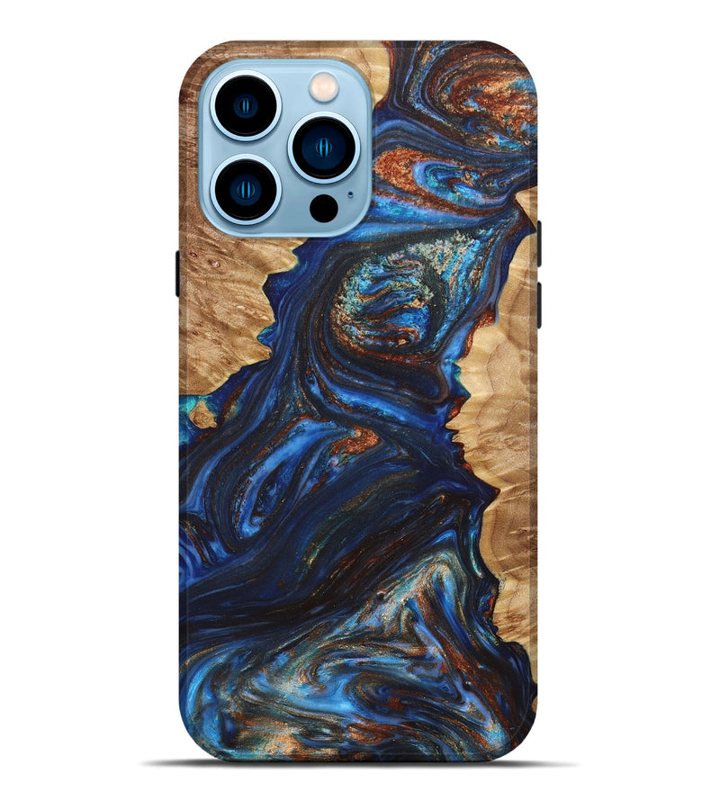 iPhone 14 Pro Max Wood+Resin Live Edge Phone Case - Jake (Teal & Gold, 651643)