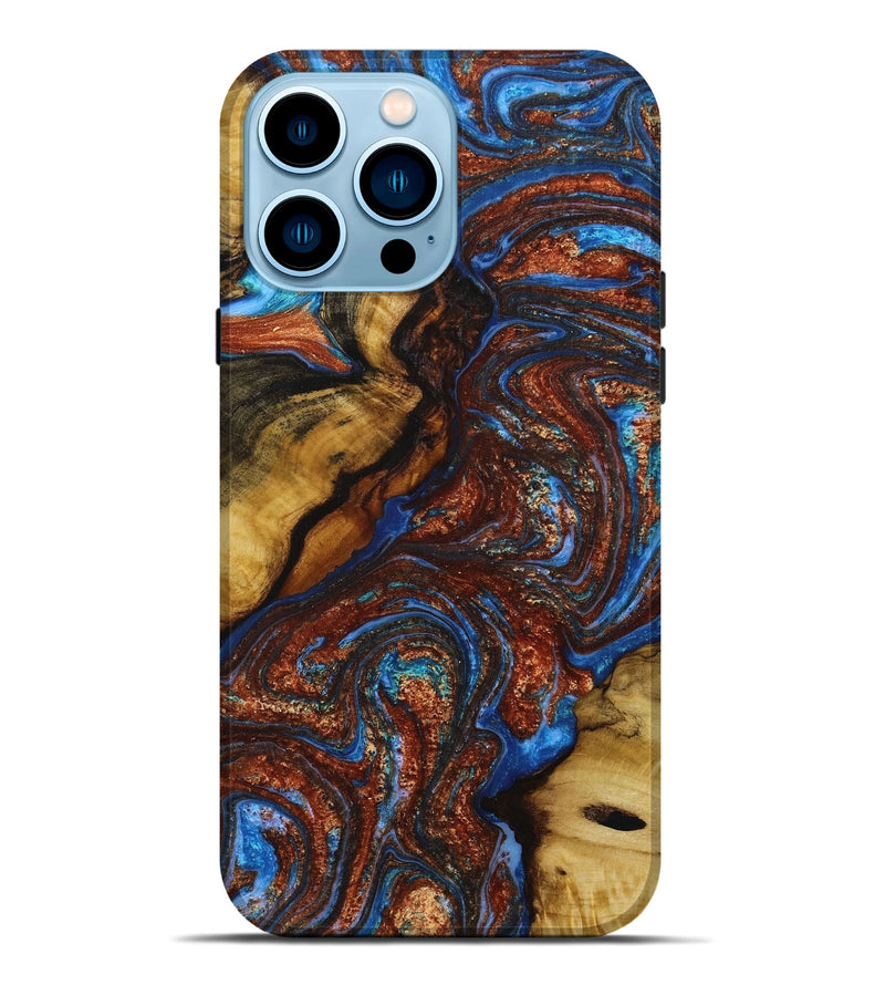 iPhone 14 Pro Max Wood+Resin Live Edge Phone Case - Ella (Teal & Gold, 651805)