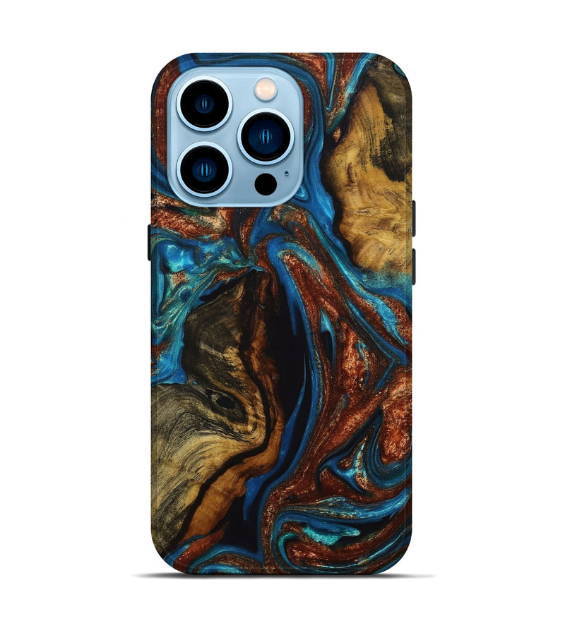 iPhone 14 Pro Wood+Resin Live Edge Phone Case - Diamond (Teal & Gold, 651806)
