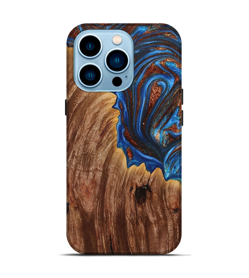 iPhone 14 Pro Wood+Resin Live Edge Phone Case - Daniella (Teal & Gold, 651807)