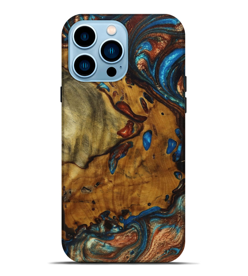 iPhone 14 Pro Max Wood+Resin Live Edge Phone Case - Scarlet (Teal & Gold, 651809)