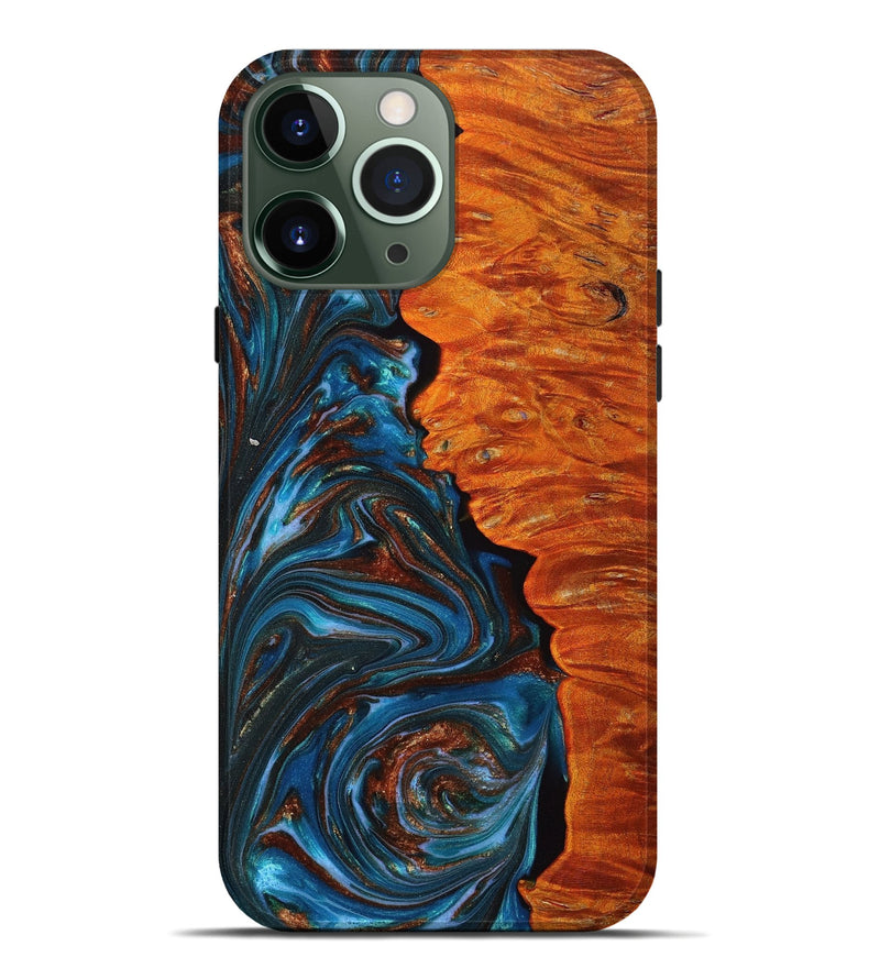iPhone 13 Pro Max Wood+Resin Live Edge Phone Case - Daniella (Teal & Gold, 651814)