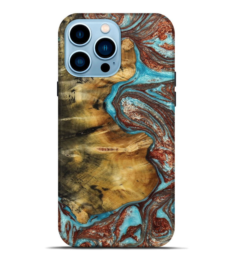 iPhone 14 Pro Max Wood+Resin Live Edge Phone Case - Ramona (Teal & Gold, 651815)