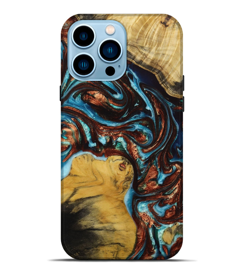 iPhone 14 Pro Max Wood+Resin Live Edge Phone Case - Kendra (Teal & Gold, 652174)