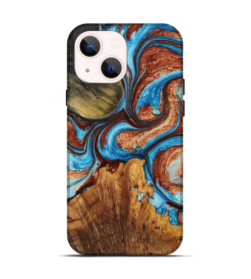 iPhone 14 Wood+Resin Live Edge Phone Case - Ronda (Teal & Gold, 652490)