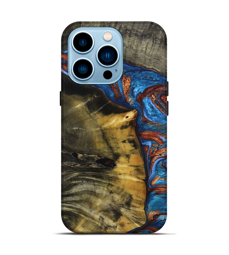 iPhone 14 Pro Wood+Resin Live Edge Phone Case - Miracle (Teal & Gold, 652492)
