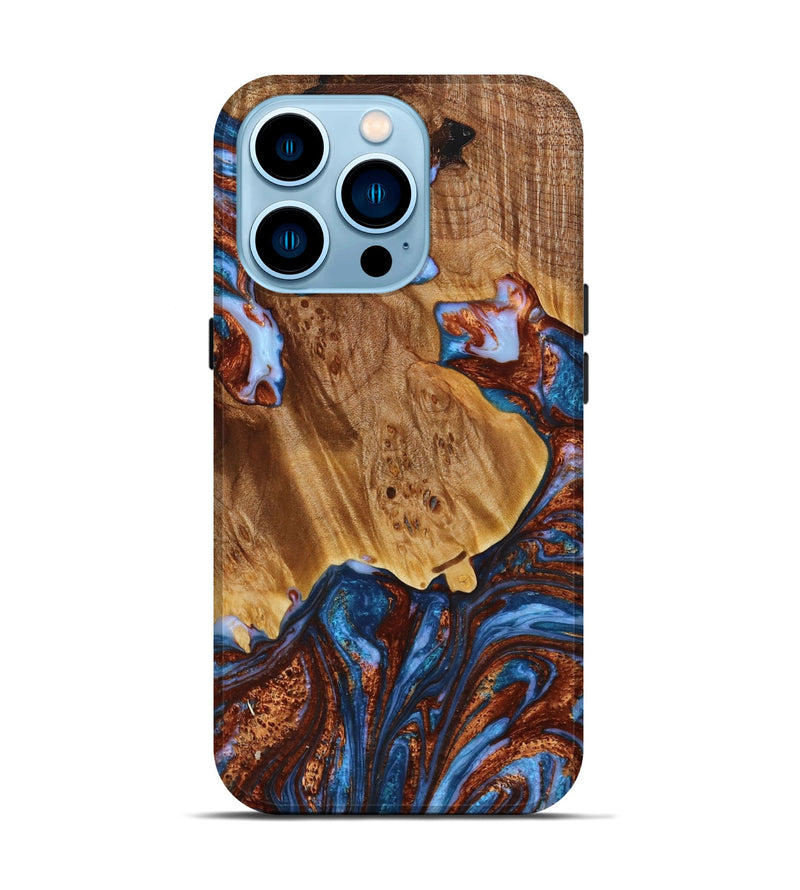 iPhone 14 Pro Wood+Resin Live Edge Phone Case - Cyrus (Teal & Gold, 652495)