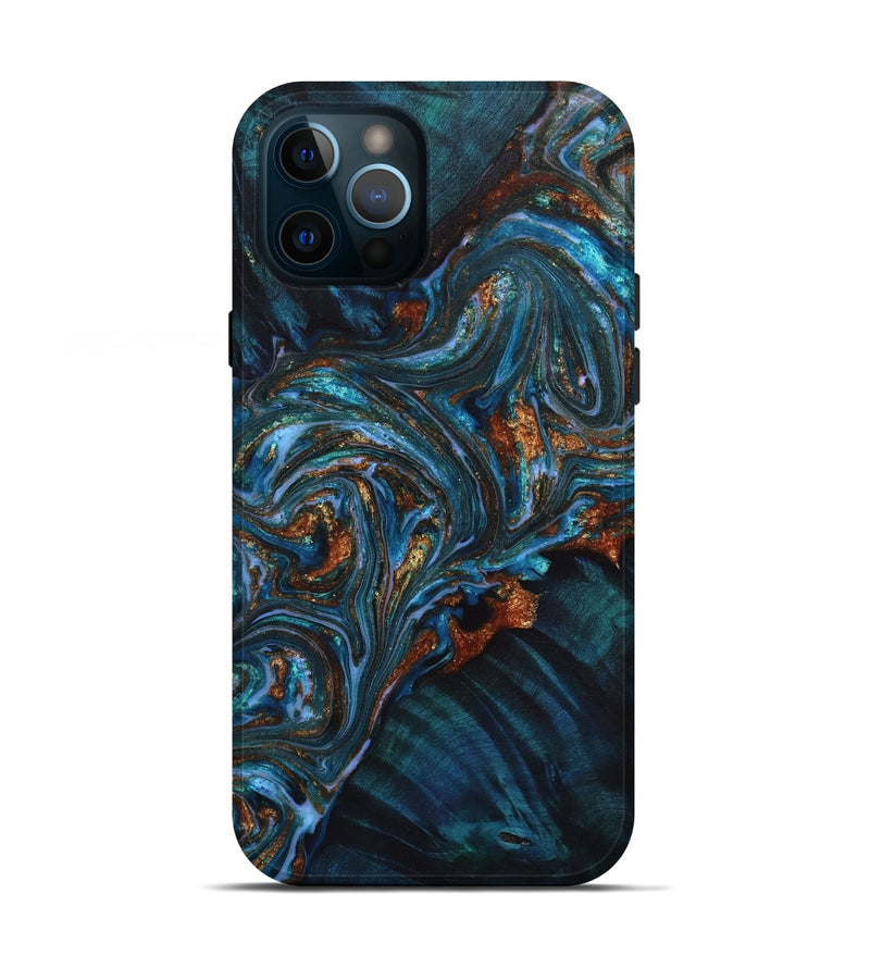 iPhone 12 Pro Wood+Resin Live Edge Phone Case - Jillian (Teal & Gold, 652818)
