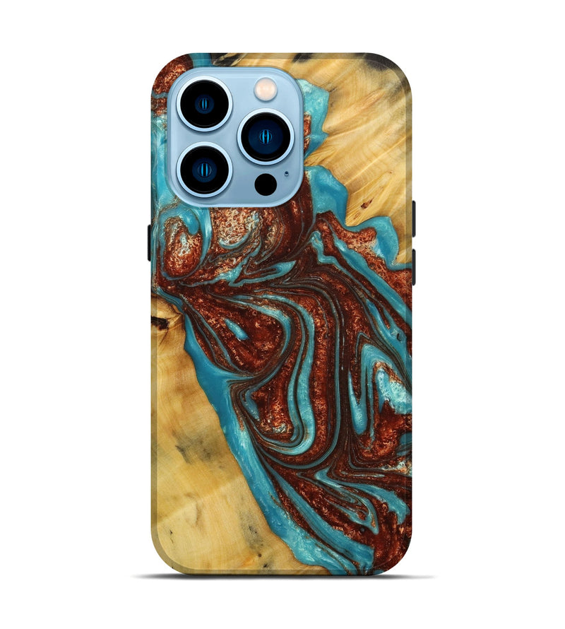 iPhone 14 Pro Wood+Resin Live Edge Phone Case - Clayton (Teal & Gold, 652824)
