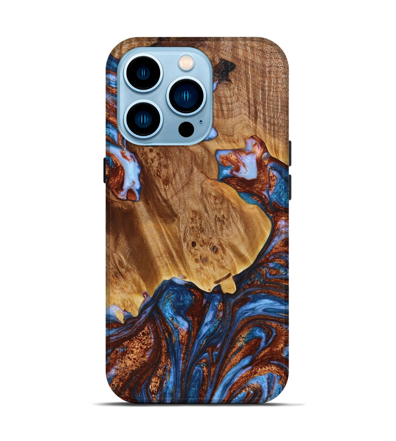 iPhone 14 Pro Wood+Resin Live Edge Phone Case - Samuel (Teal & Gold, 652828)