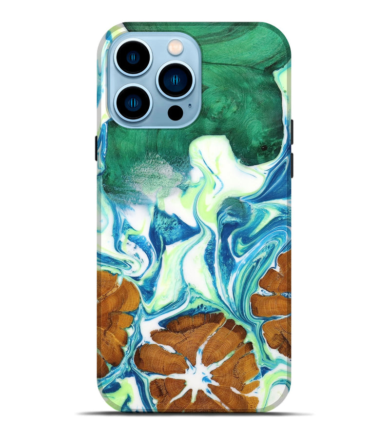 iPhone 14 Pro Max Wood+Resin Live Edge Phone Case - Doreen (Green, 653264)