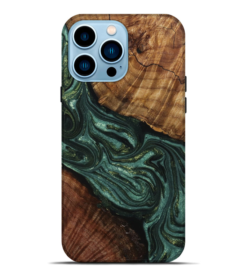 iPhone 14 Pro Max Wood+Resin Live Edge Phone Case - Paislee (Green, 653509)