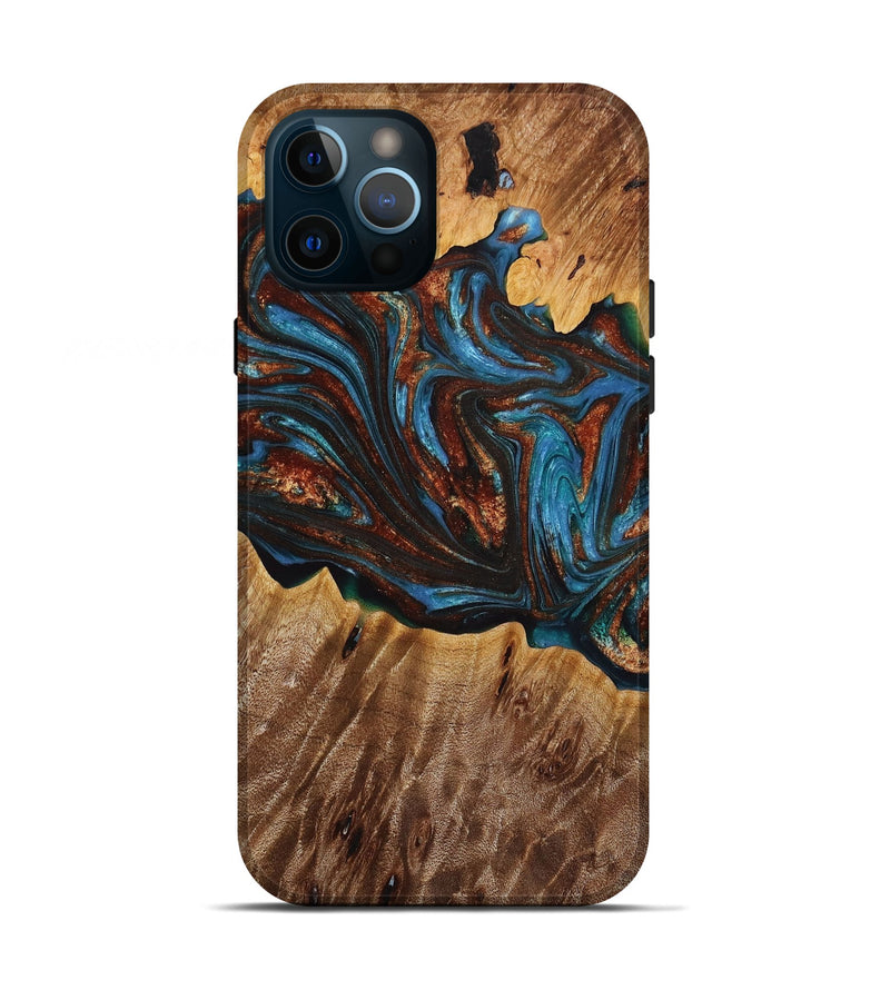 iPhone 12 Pro Wood+Resin Live Edge Phone Case - Trista (Teal & Gold, 653511)