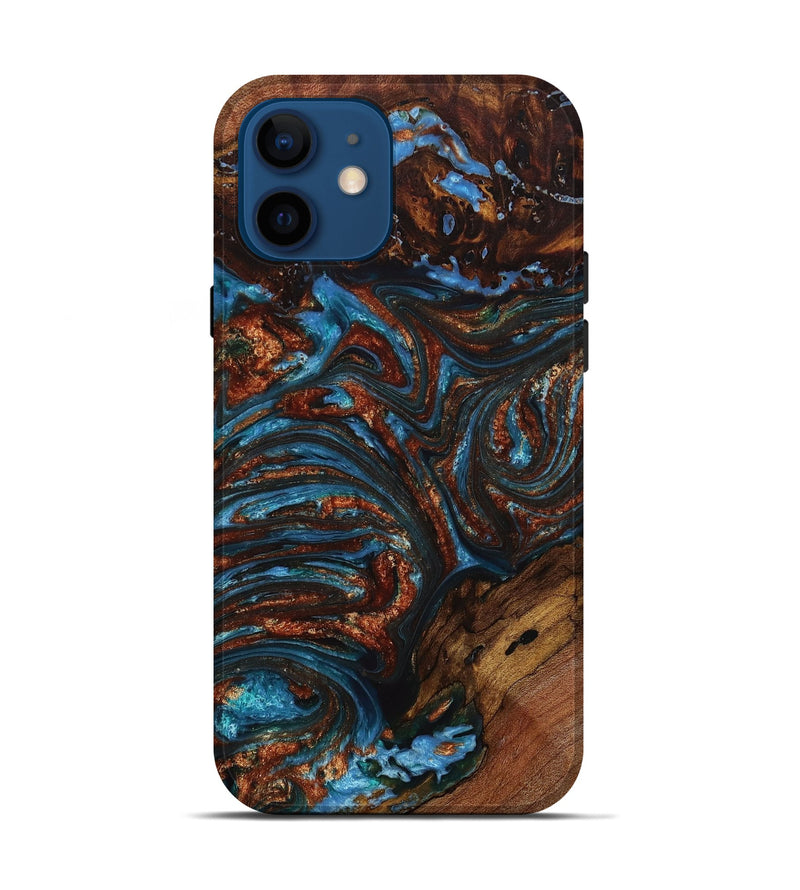 iPhone 12 Wood+Resin Live Edge Phone Case - Fredrick (Teal & Gold, 653512)