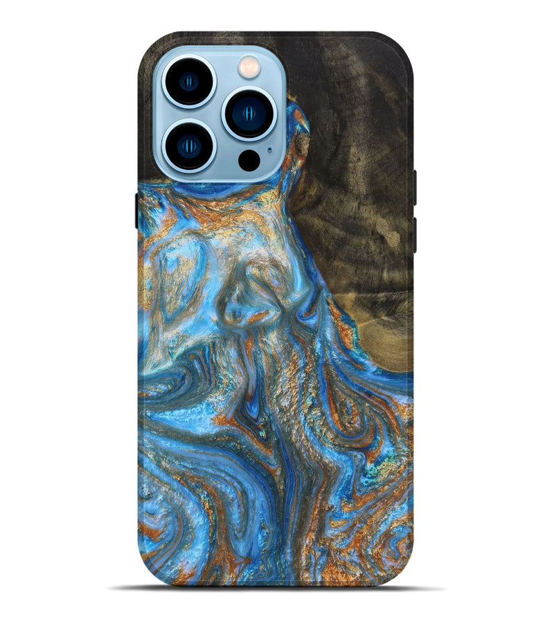 iPhone 14 Pro Max Wood+Resin Live Edge Phone Case - George (Teal & Gold, 653514)