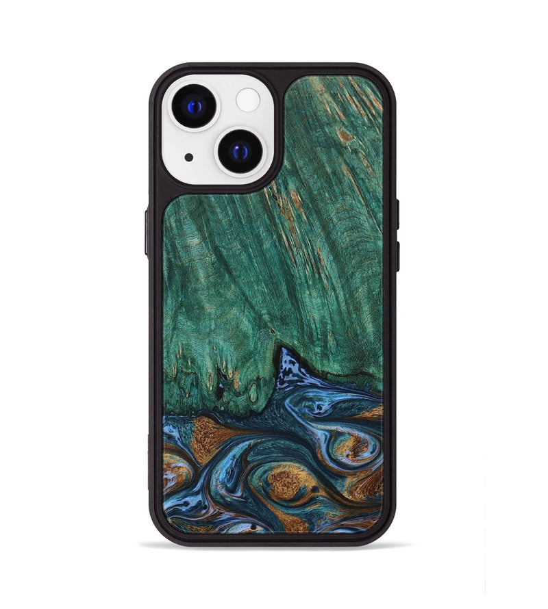 iPhone 13 Wood+Resin Phone Case - Lamont (Teal & Gold, 653717)