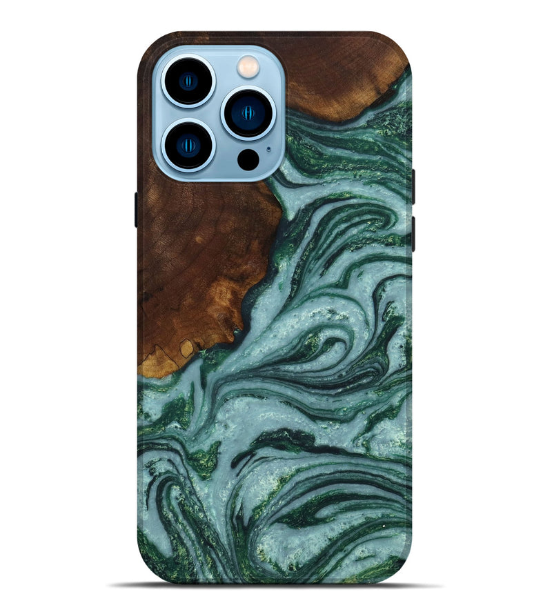 iPhone 14 Pro Max Wood+Resin Live Edge Phone Case - Malachi (Green, 653824)