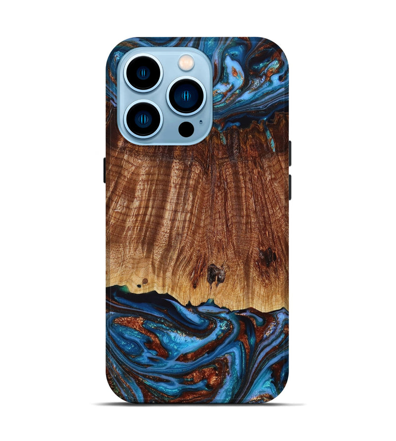 iPhone 14 Pro Wood+Resin Live Edge Phone Case - Maeve (Teal & Gold, 653837)