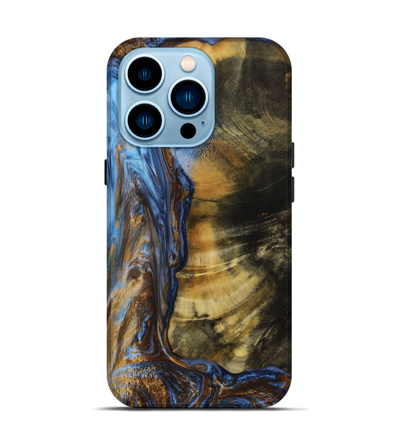 iPhone 14 Pro Wood+Resin Live Edge Phone Case - Victor (Teal & Gold, 653838)