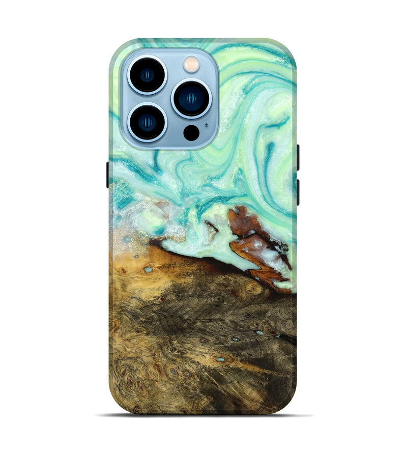 iPhone 14 Pro Wood+Resin Live Edge Phone Case - Ida (Green, 653972)