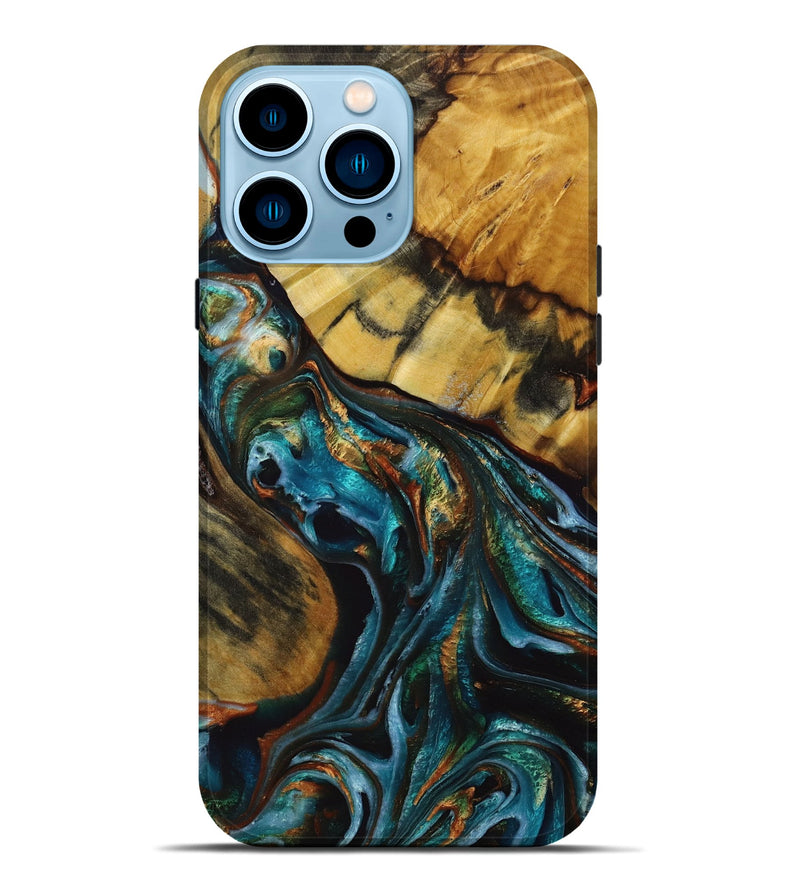 iPhone 14 Pro Max Wood+Resin Live Edge Phone Case - Autumn (Teal & Gold, 653977)