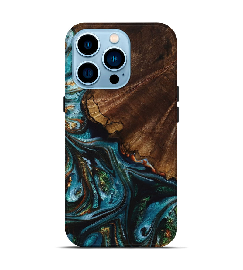 iPhone 14 Pro Wood+Resin Live Edge Phone Case - Naomi (Teal & Gold, 653978)