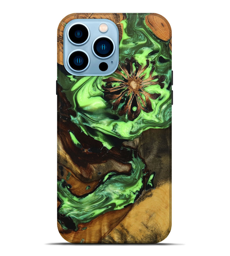 iPhone 14 Pro Max Wood+Resin Live Edge Phone Case - Roger (Green, 654205)