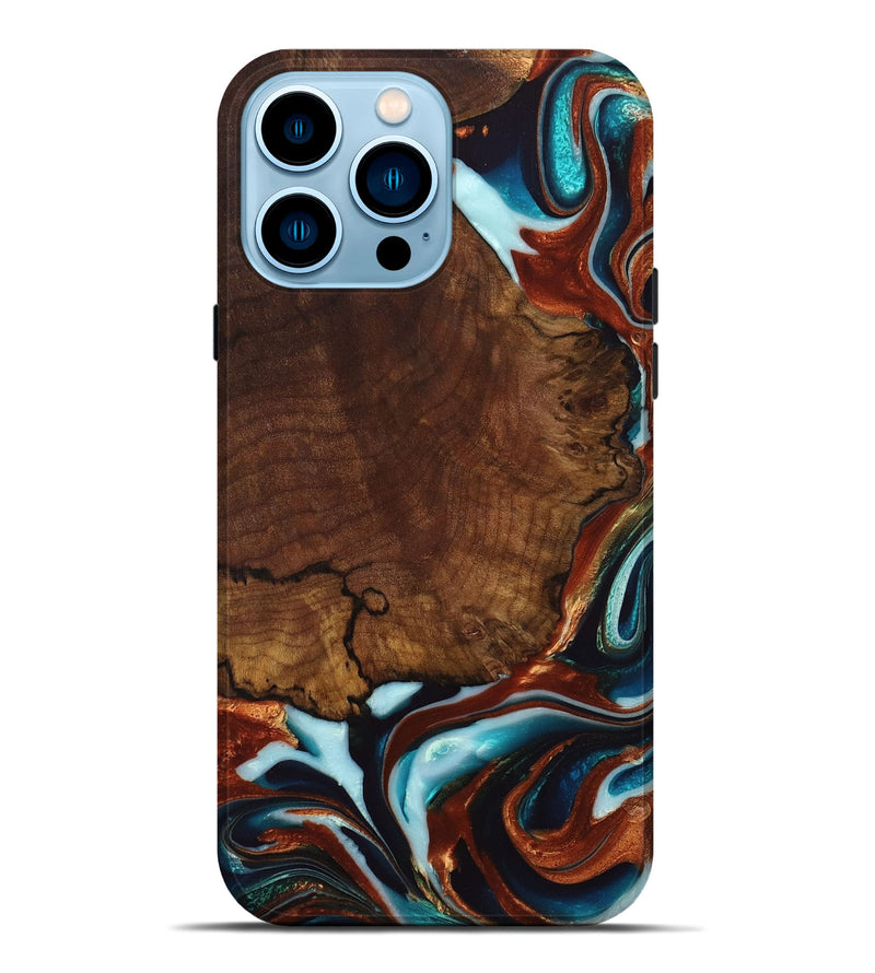 iPhone 14 Pro Max Wood+Resin Live Edge Phone Case - Archie (Teal & Gold, 654208)