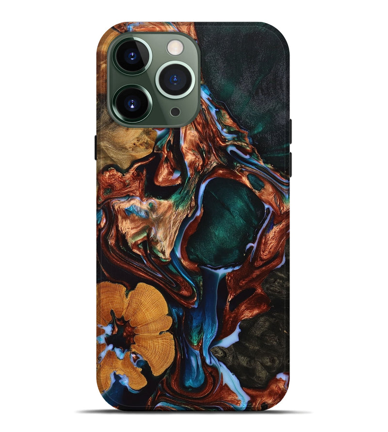 iPhone 13 Pro Max Wood+Resin Live Edge Phone Case - Kathy (Teal & Gold, 654209)