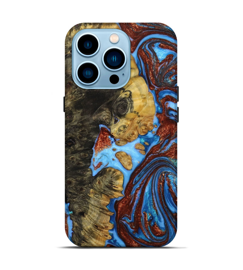 iPhone 14 Pro Wood+Resin Live Edge Phone Case - Rick (Teal & Gold, 654786)
