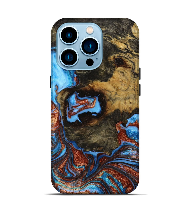 iPhone 14 Pro Wood+Resin Live Edge Phone Case - Rylie (Teal & Gold, 654787)