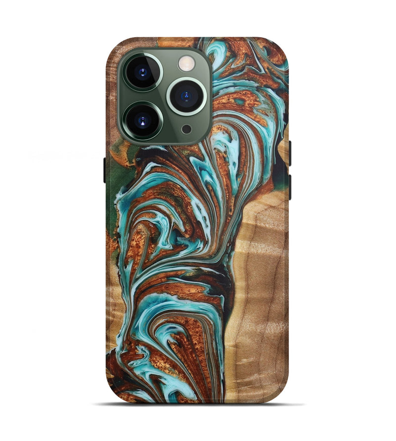 iPhone 13 Pro Wood+Resin Live Edge Phone Case - Ayla (Teal & Gold, 655046)