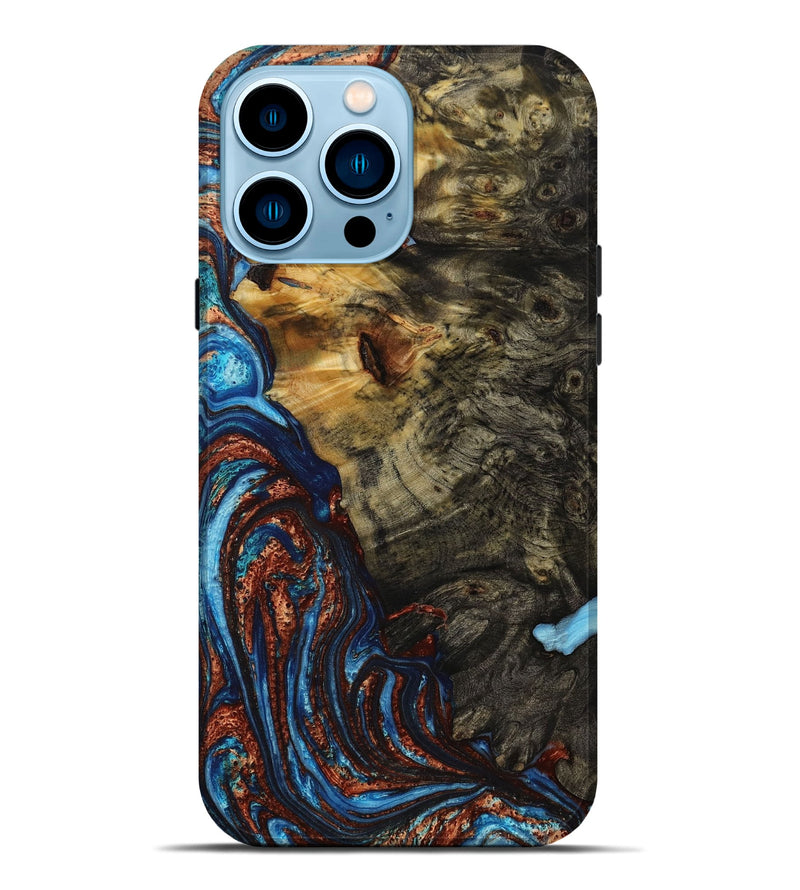 iPhone 14 Pro Max Wood+Resin Live Edge Phone Case - Victor (Teal & Gold, 655055)