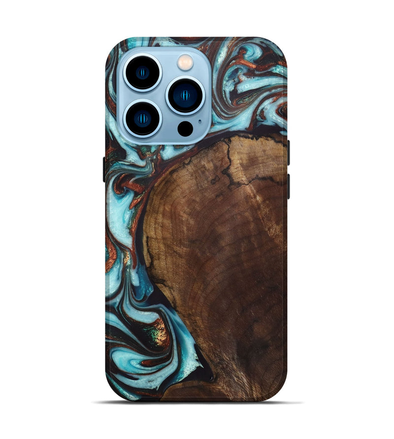 iPhone 14 Pro Wood+Resin Live Edge Phone Case - Derek (Teal & Gold, 655235)