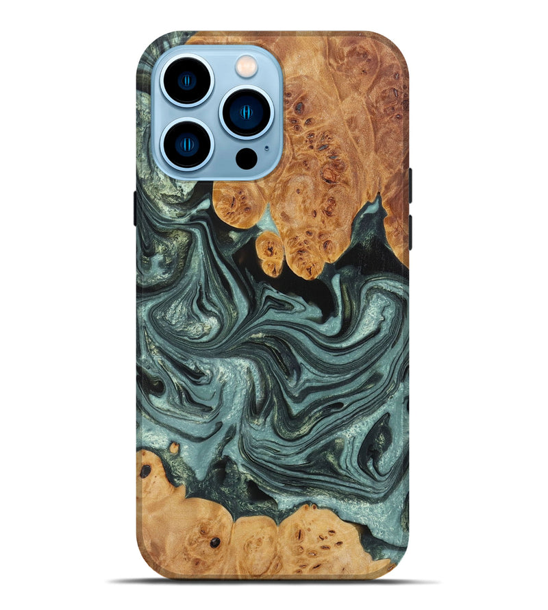 iPhone 14 Pro Max Wood+Resin Live Edge Phone Case - Tisha (Green, 655635)