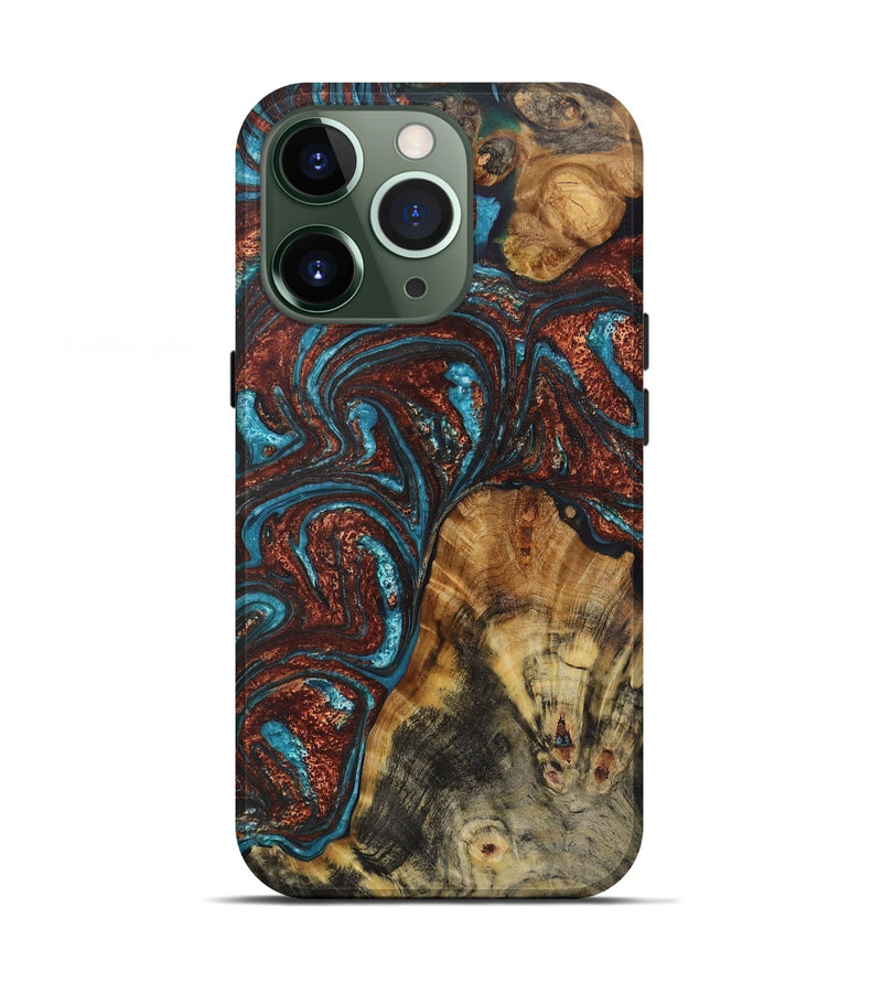 iPhone 13 Pro Wood+Resin Live Edge Phone Case - Nathan (Teal & Gold, 656334)