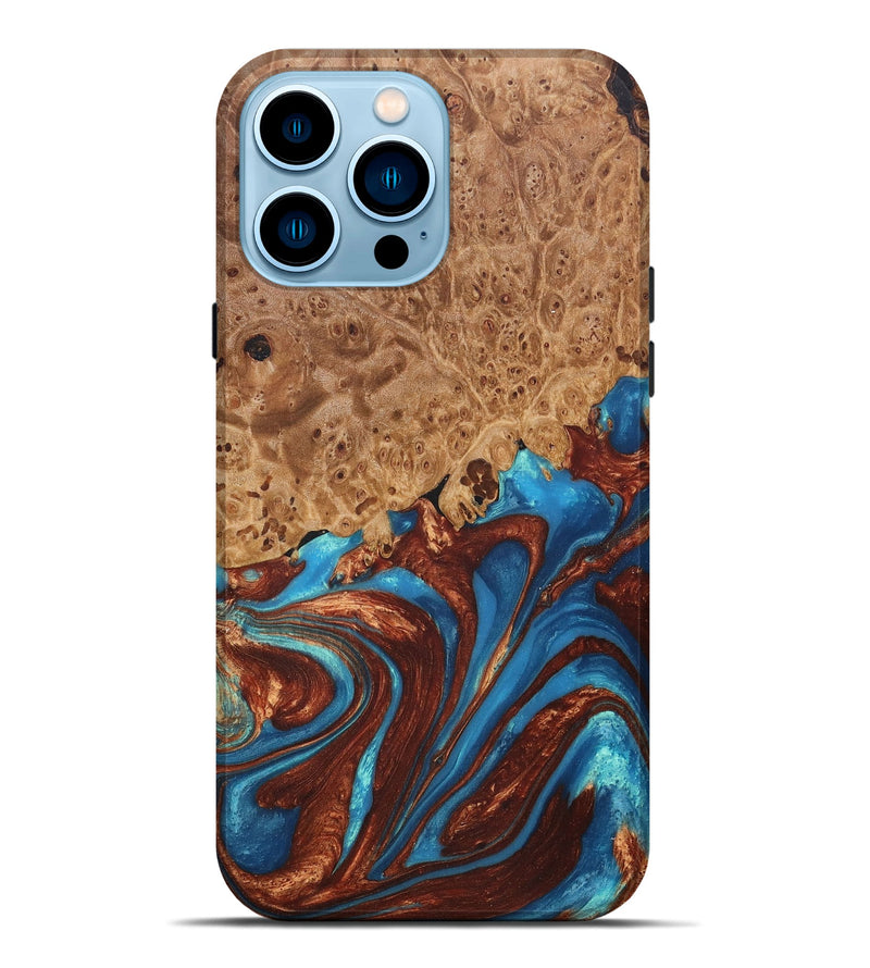 iPhone 14 Pro Max Wood+Resin Live Edge Phone Case - Stefanie (Teal & Gold, 656658)