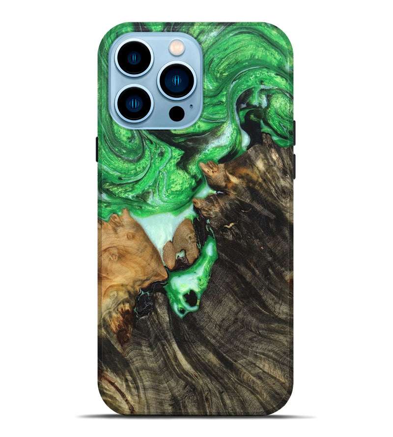 iPhone 14 Pro Max Wood+Resin Live Edge Phone Case - Kate (Green, 657300)