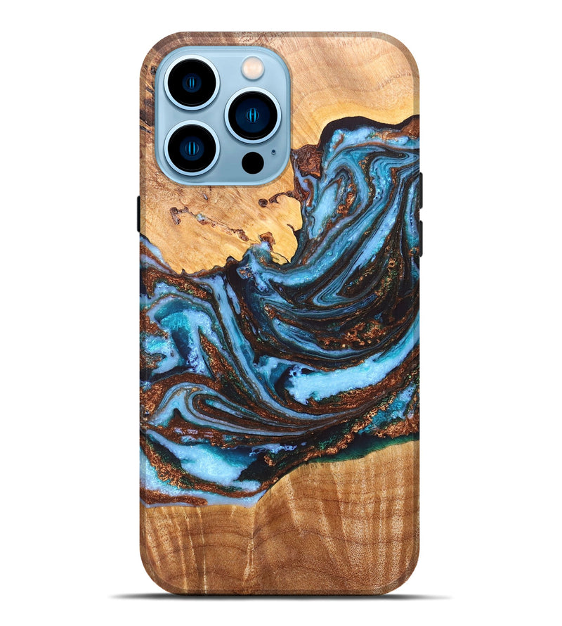 iPhone 14 Pro Max Wood+Resin Live Edge Phone Case - Beckett (Teal & Gold, 657856)