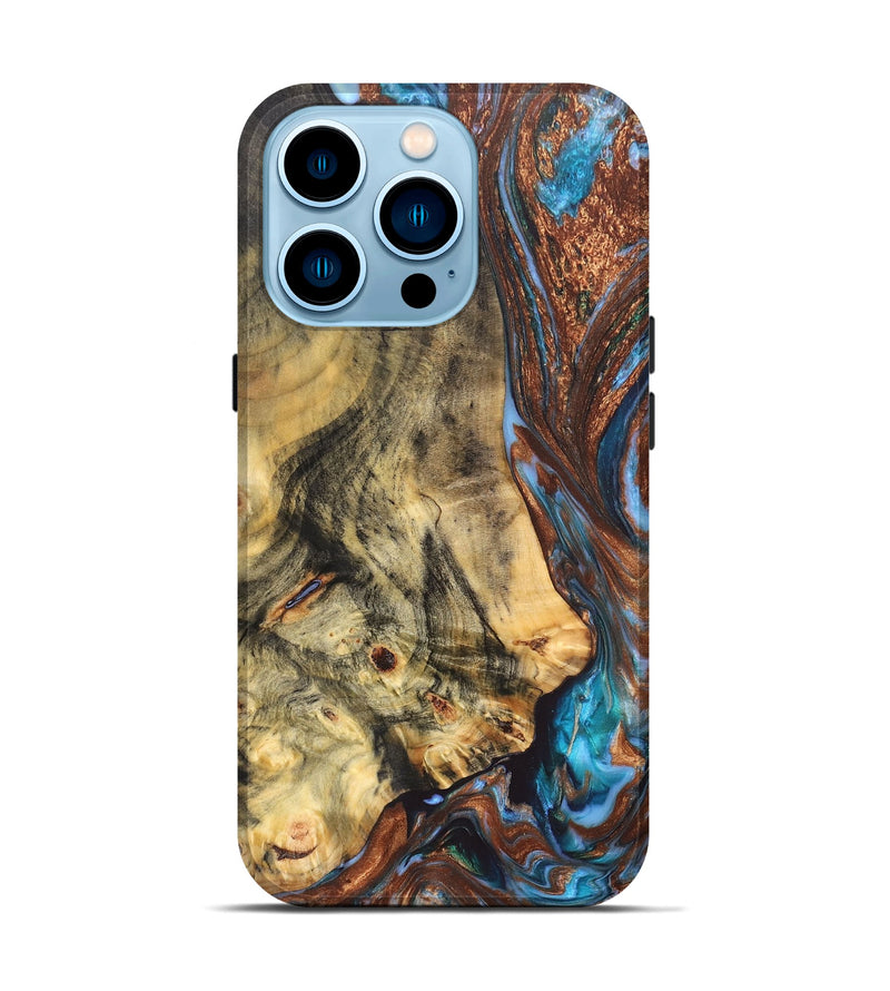 iPhone 14 Pro Wood+Resin Live Edge Phone Case - Holly (Teal & Gold, 657858)
