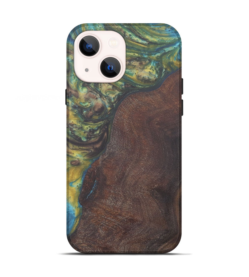 iPhone 13 Wood+Resin Live Edge Phone Case - Therese (Teal & Gold, 657869)
