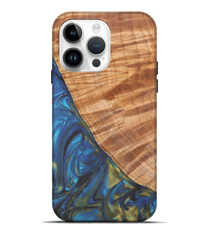 iPhone 15 Pro Max Wood+Resin Live Edge Phone Case - Victoria (Teal & Gold, 657888)