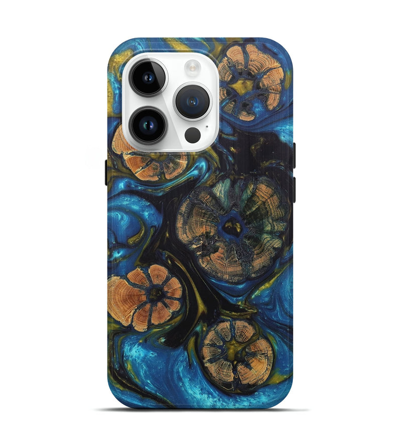 iPhone 15 Pro Wood+Resin Live Edge Phone Case - Ella (Teal & Gold, 657915)