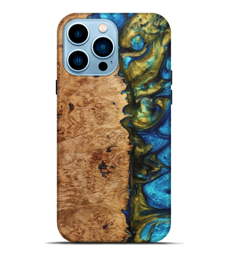 iPhone 14 Pro Max Wood+Resin Live Edge Phone Case - Celeste (Teal & Gold, 657933)